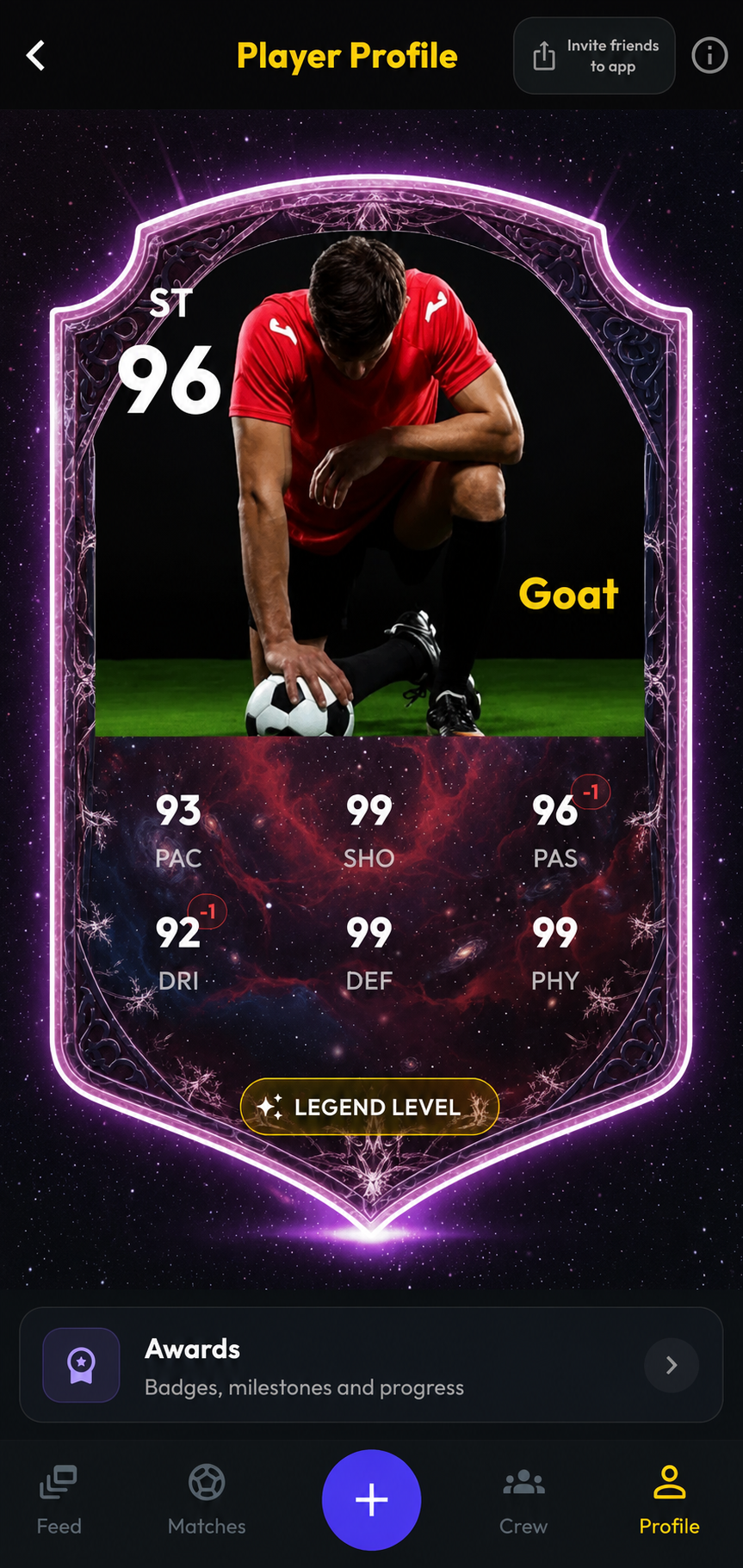 Actual ScoreLegends player profile showing an evolving player card